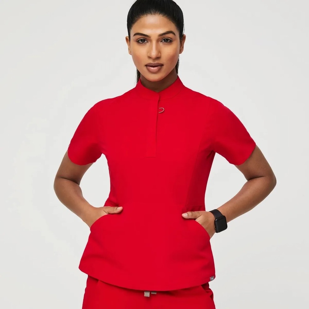 Figs: Pop Red Insiza - Slim Mandarin Collar Scrub Top - S / Pop Red